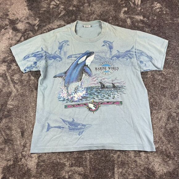 Vtg Anvil Orca Whale Marine World AOP Single Stitch T-Shirt Men's XL Blue USA - Picture 1 of 12